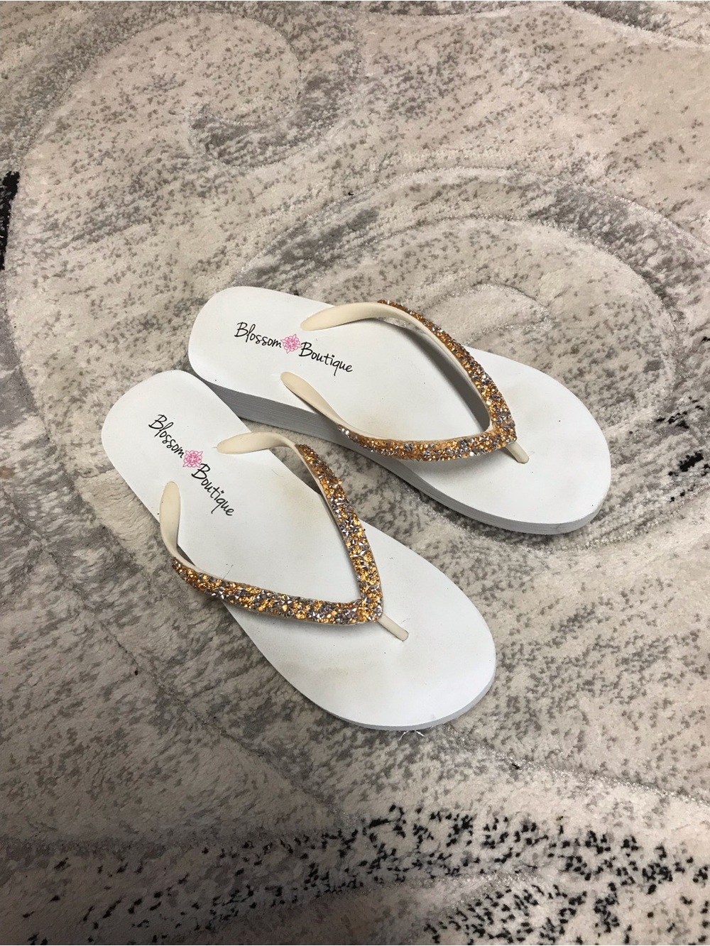White Flip Flop Sandals with Gold Sparkle Straps